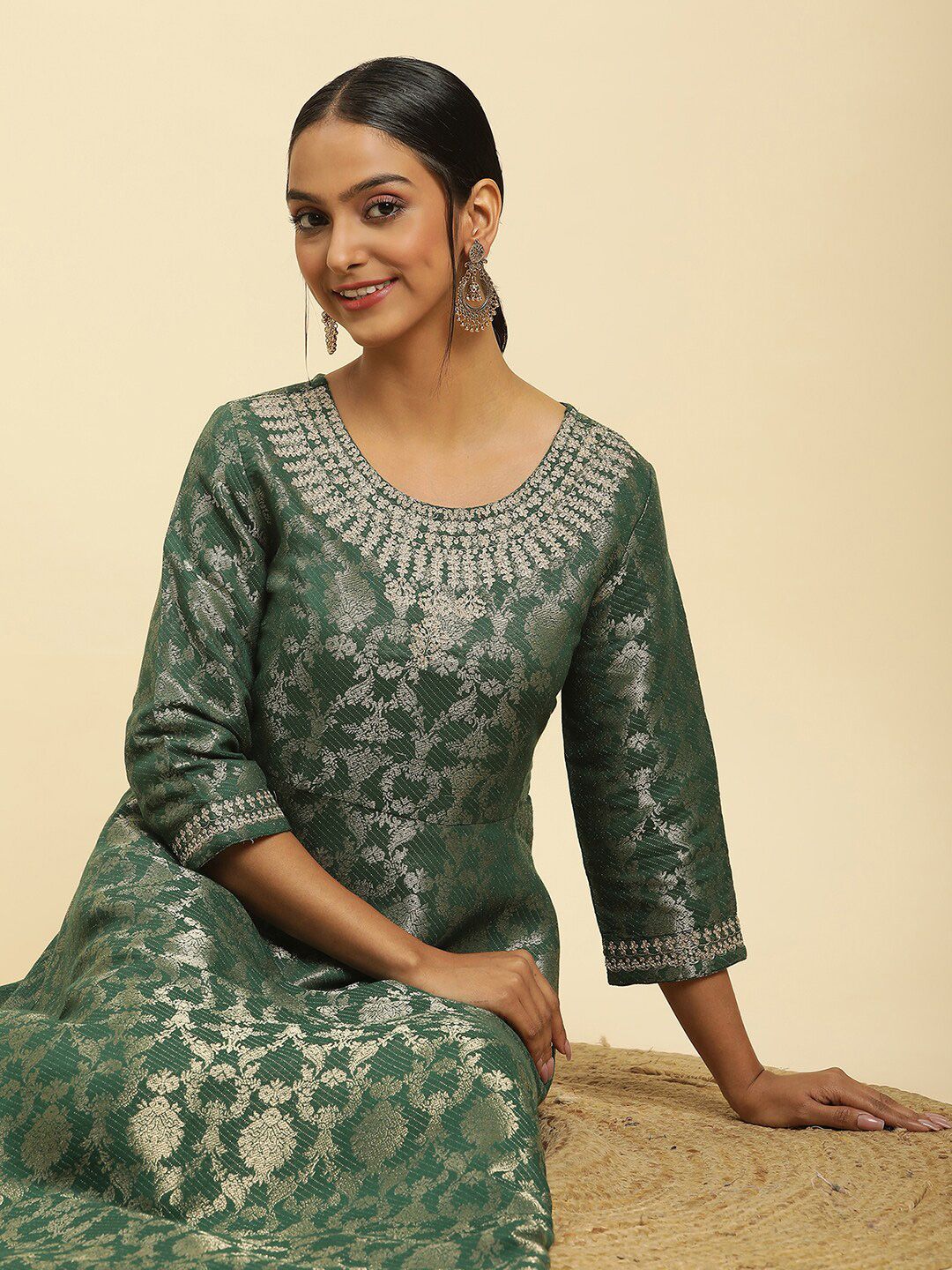 W Green Floral Woven Design Round Neck Gathered Fit & Flare Maxi Ethnic Dress