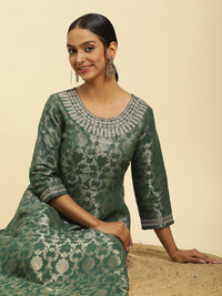 W Green Floral Woven Design Round Neck Gathered Fit & Flare Maxi Ethnic Dress