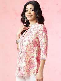 Anouk Off White Floral Printed Mandarin Collar Pure Cotton Top
