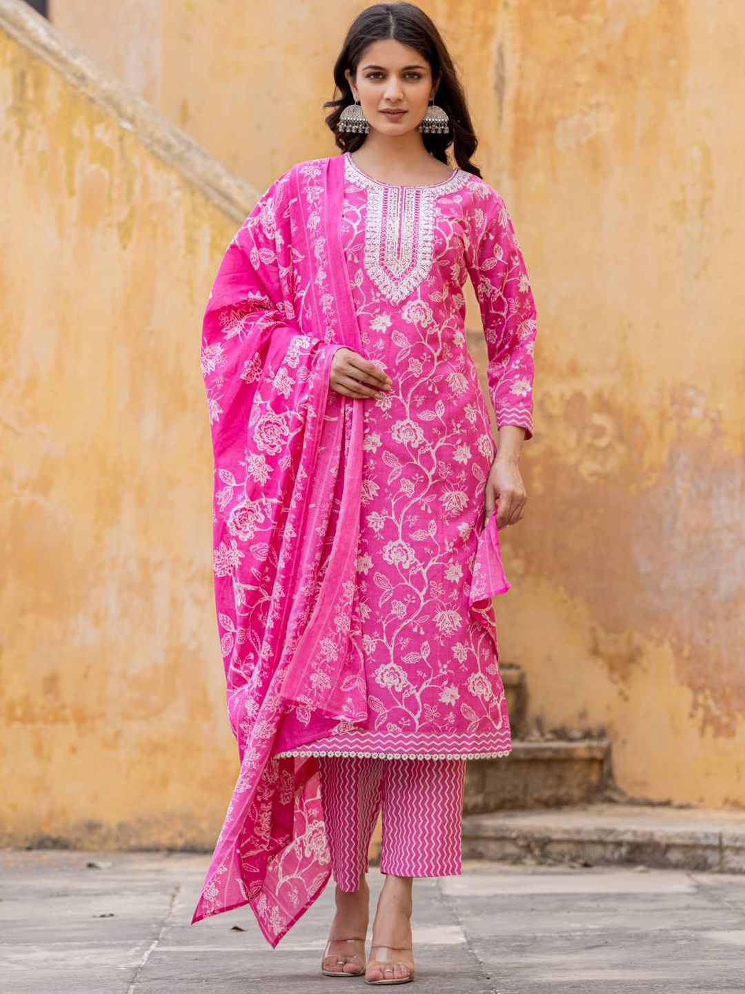 Varanga Floral Printed Regular Thread Work Kurta with Trouser & Dupatta