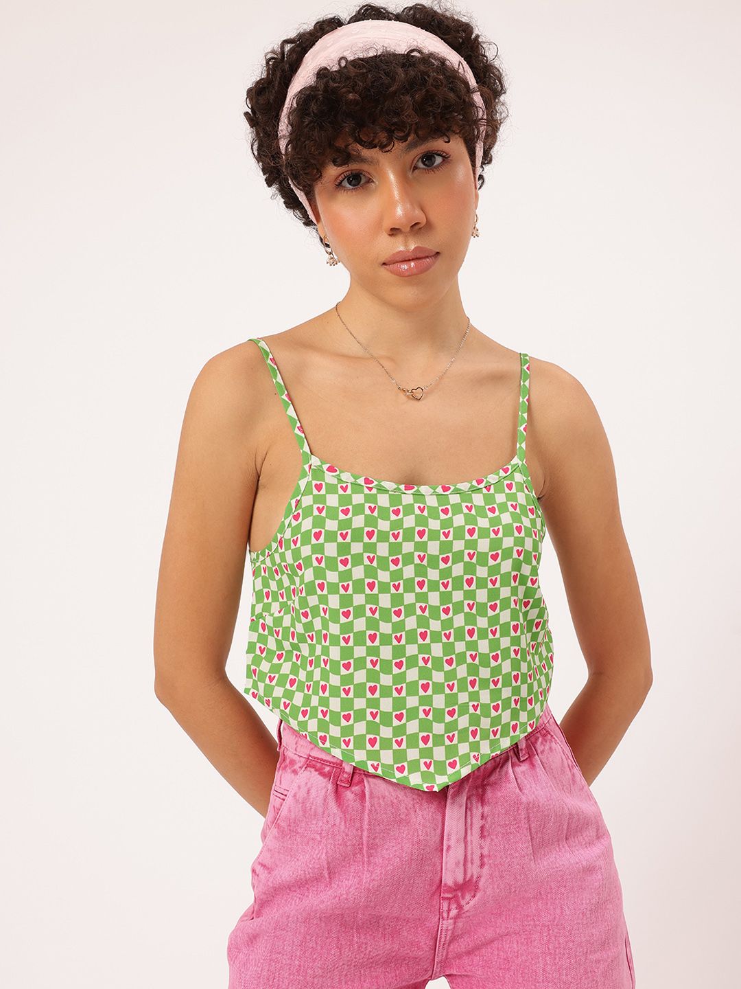 DressBerry Checkered Hearts Strappy Scarf Hem Crop Top