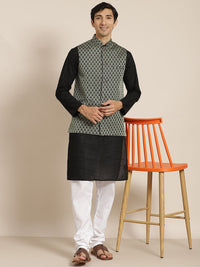 SOJANYA Men Black Ethnic Motifs Chikankari Pure Cotton Kurta with Churidar & Nehru Jacket