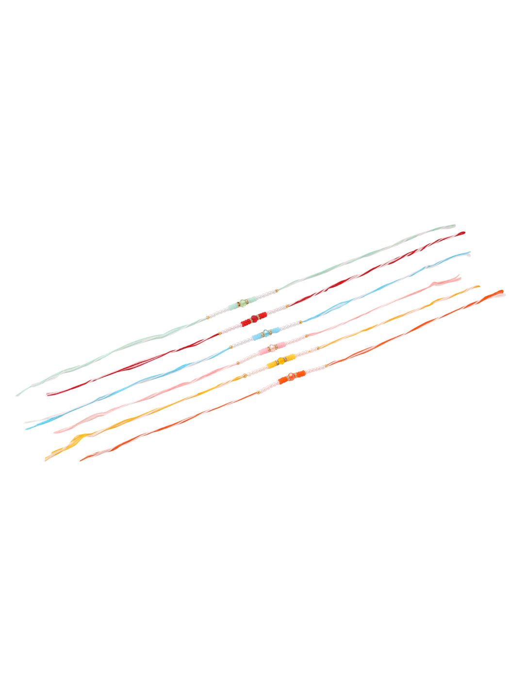 NVR Unisex Set of 6 Multicolor Artificial Stones & Pearls Rakhi With Roli Chawal