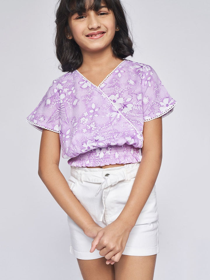 Global Desi Lavender Floral Print Blouson Top