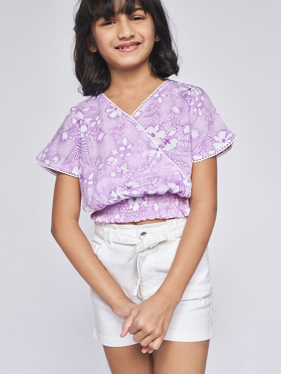 Global Desi Lavender Floral Print Blouson Top