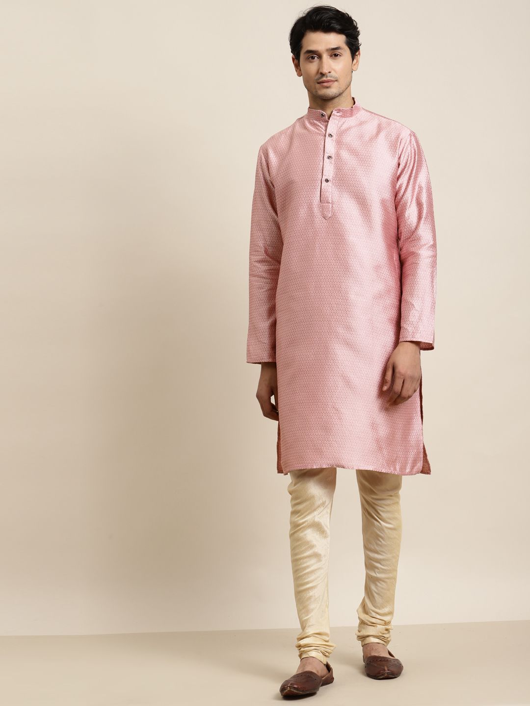 Anug oleh SOJANYA Lelaki Motif Etnik Merah Jambu Kurta Kolar Mandarin