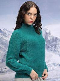 Tokyo Talkies Teal High Neck Long Sleeves Acrylic Pullover Sweater