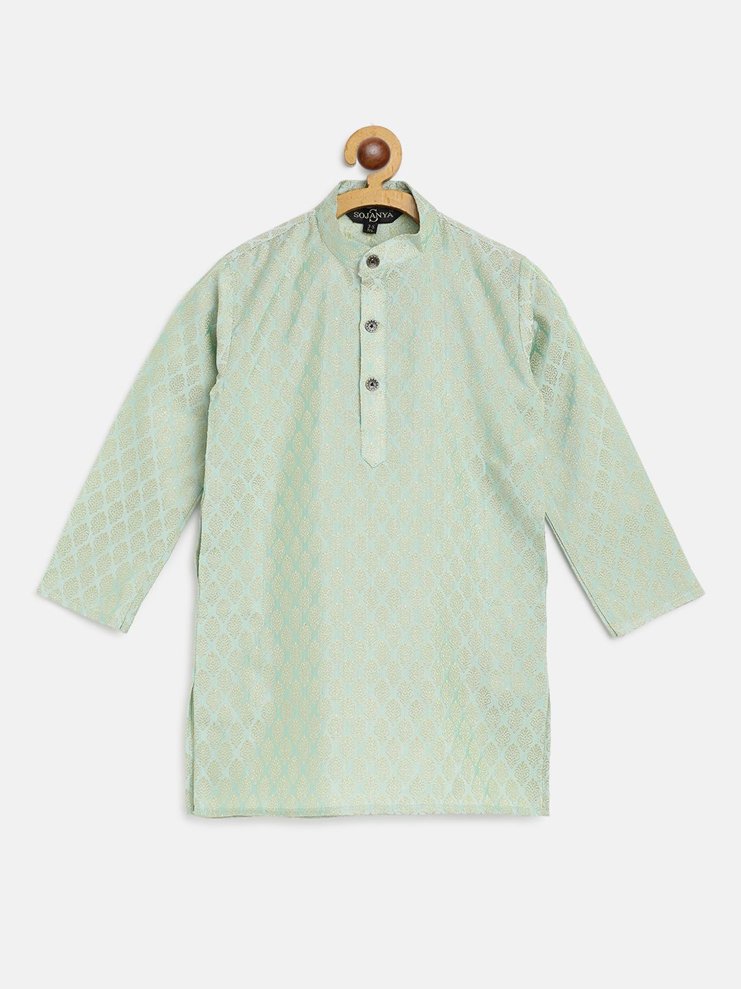 SOJANYA Boys Sea Green & Golden Jacquard Ethnic Patterned Straight Kurta