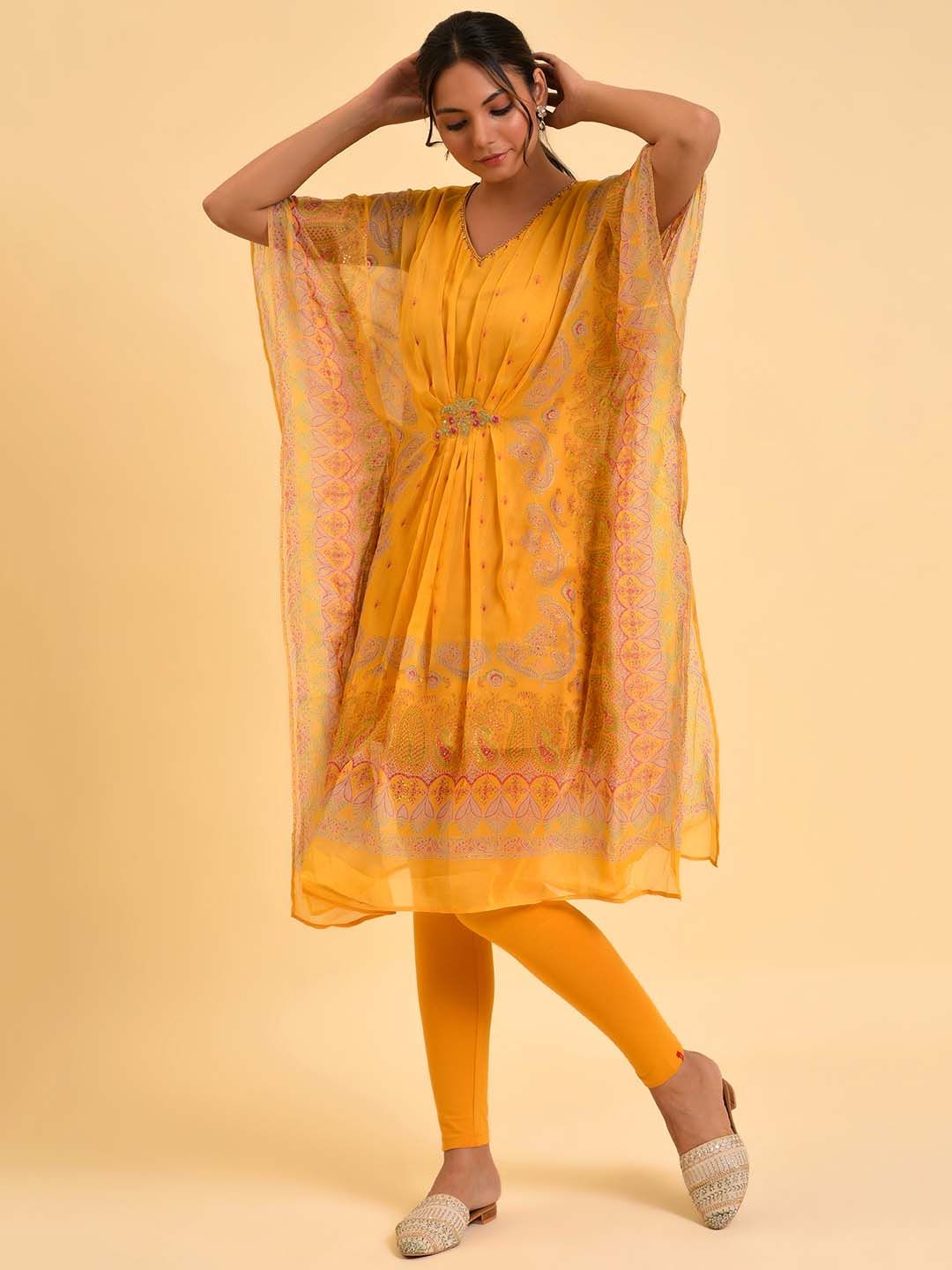 W Women Yellow Ethnic Motifs Printed Embellished Kaftan Kurta With Leggings