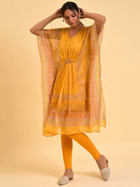 W Women Yellow Ethnic Motifs Printed Embellished Kaftan Kurta With Leggings