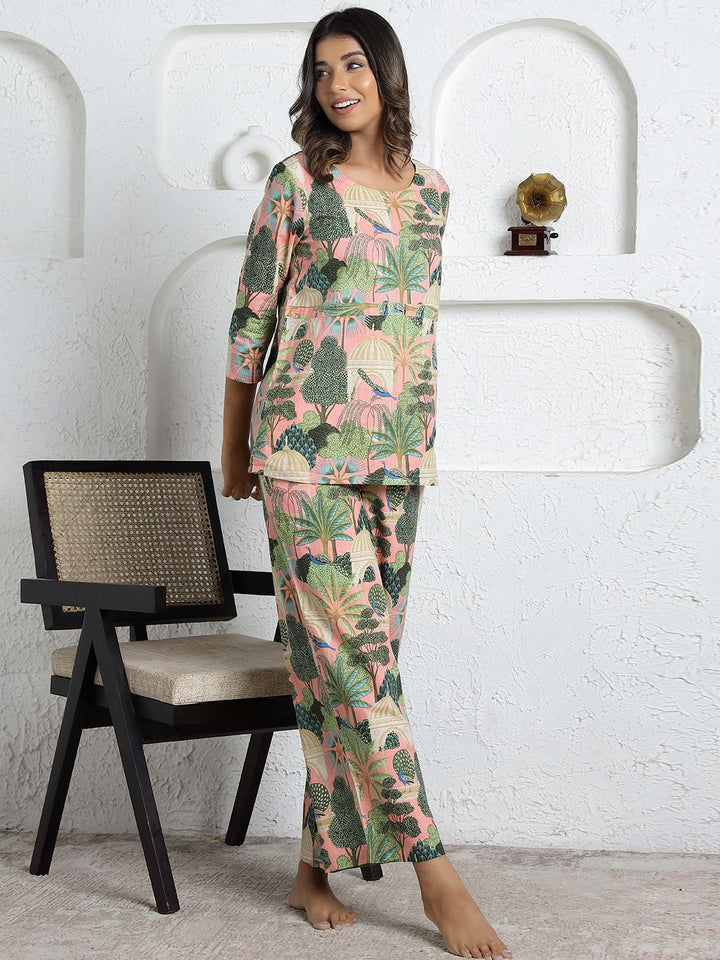 Mamicha Printed Pure Cotton Round Neck Top With Trousers Co-Ords Set