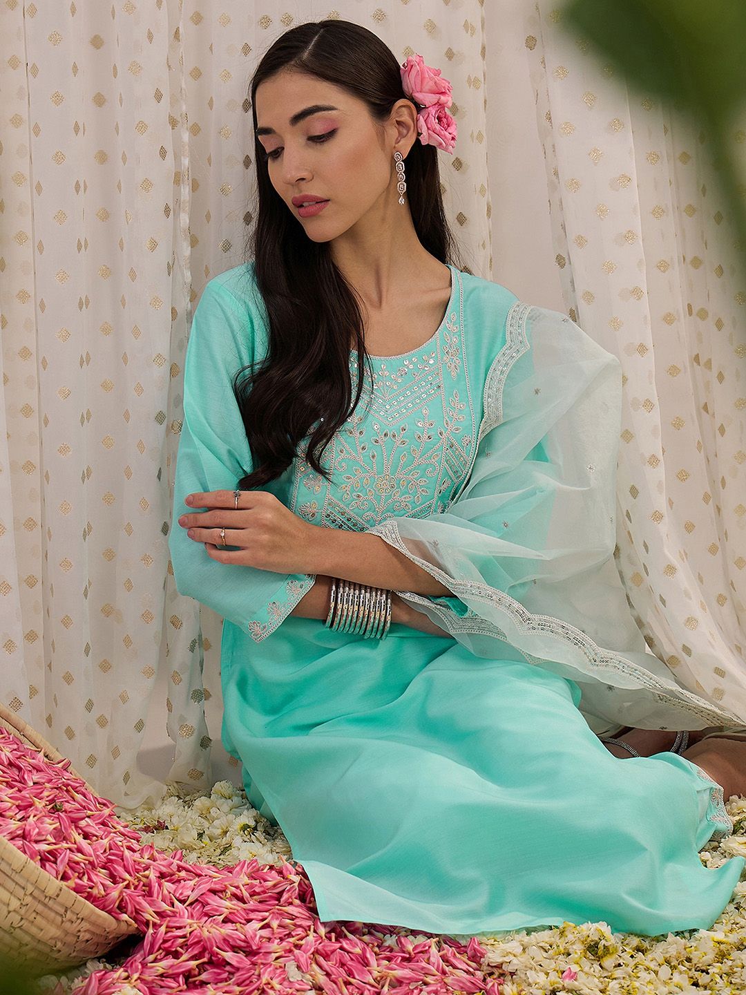 Indo Era Floral Embroidered Regular Aari Work Kurta with Trousers & With Dupatta
