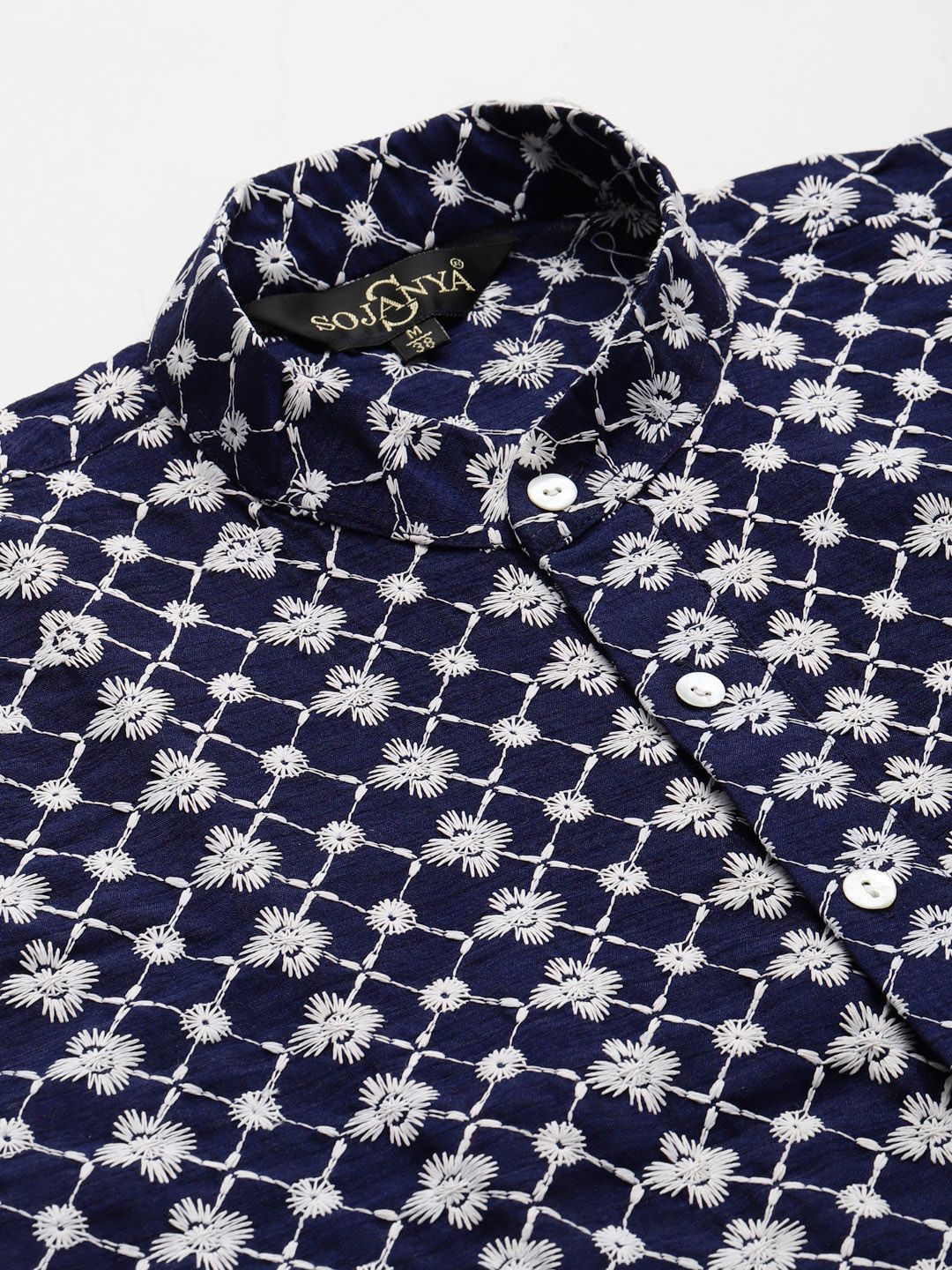 SOJANYA Men Navy Blue Chikankari Embroidered Kurta with Churidar & Nehru Jacket