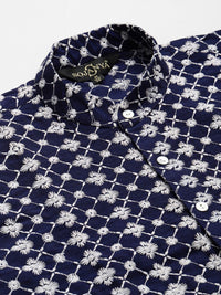 SOJANYA Men Navy Blue Chikankari Embroidered Kurta with Churidar & Nehru Jacket