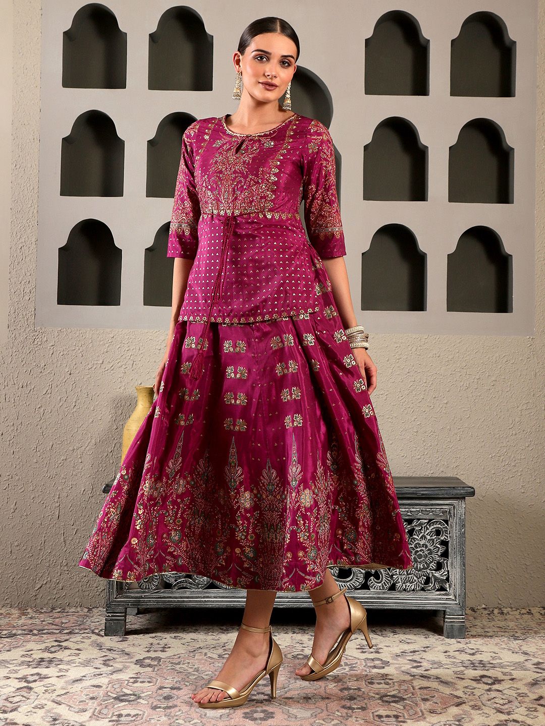 W Maroon & Gold-Toned Ethnic Motifs Ethnic Maxi Maxi Dress
