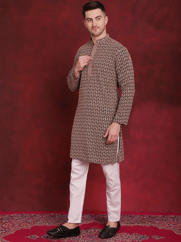 Jompers Geometric Self Design Thread Work Pure Cotton Kurta With Pyjamas