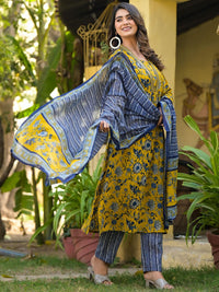 KALINI Women Floral Printed Regular Thread Work Kurta with Trousers & With Dupatta