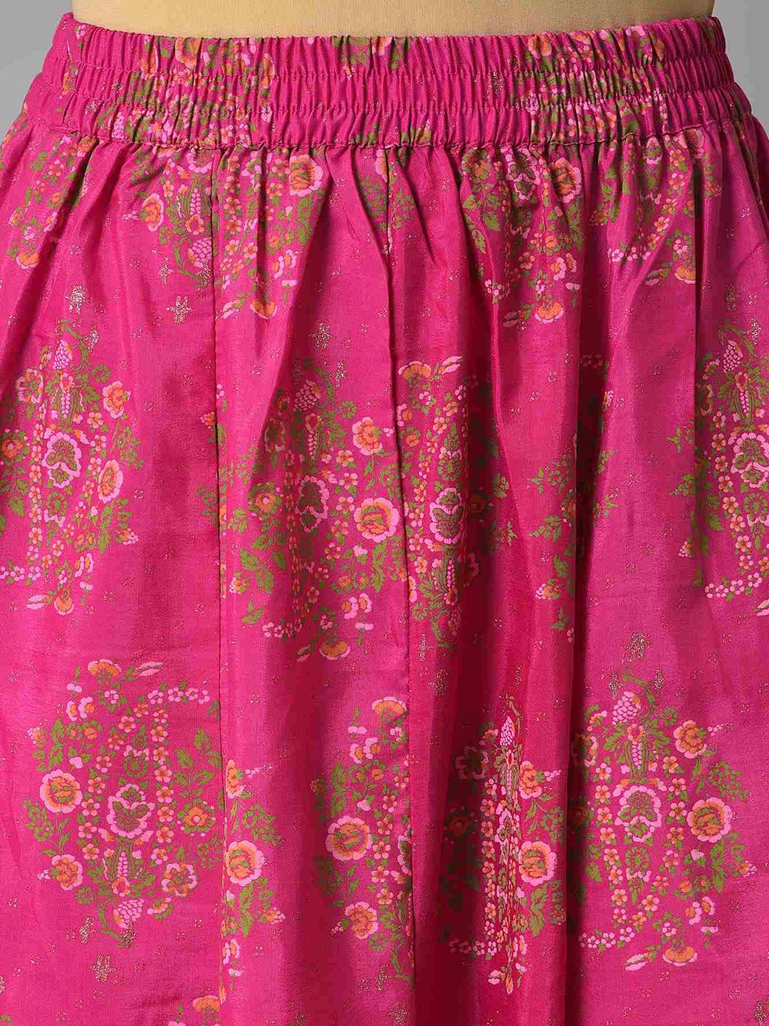 W Festive Floral Print Shantung Kurta With Cullotes & Dupatta
