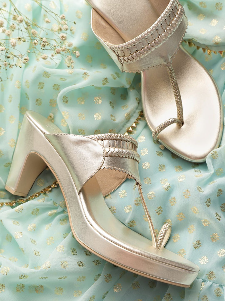 House of Pataudi Women Muted Gold-Toned Braided Handcrafted One Toe Heels