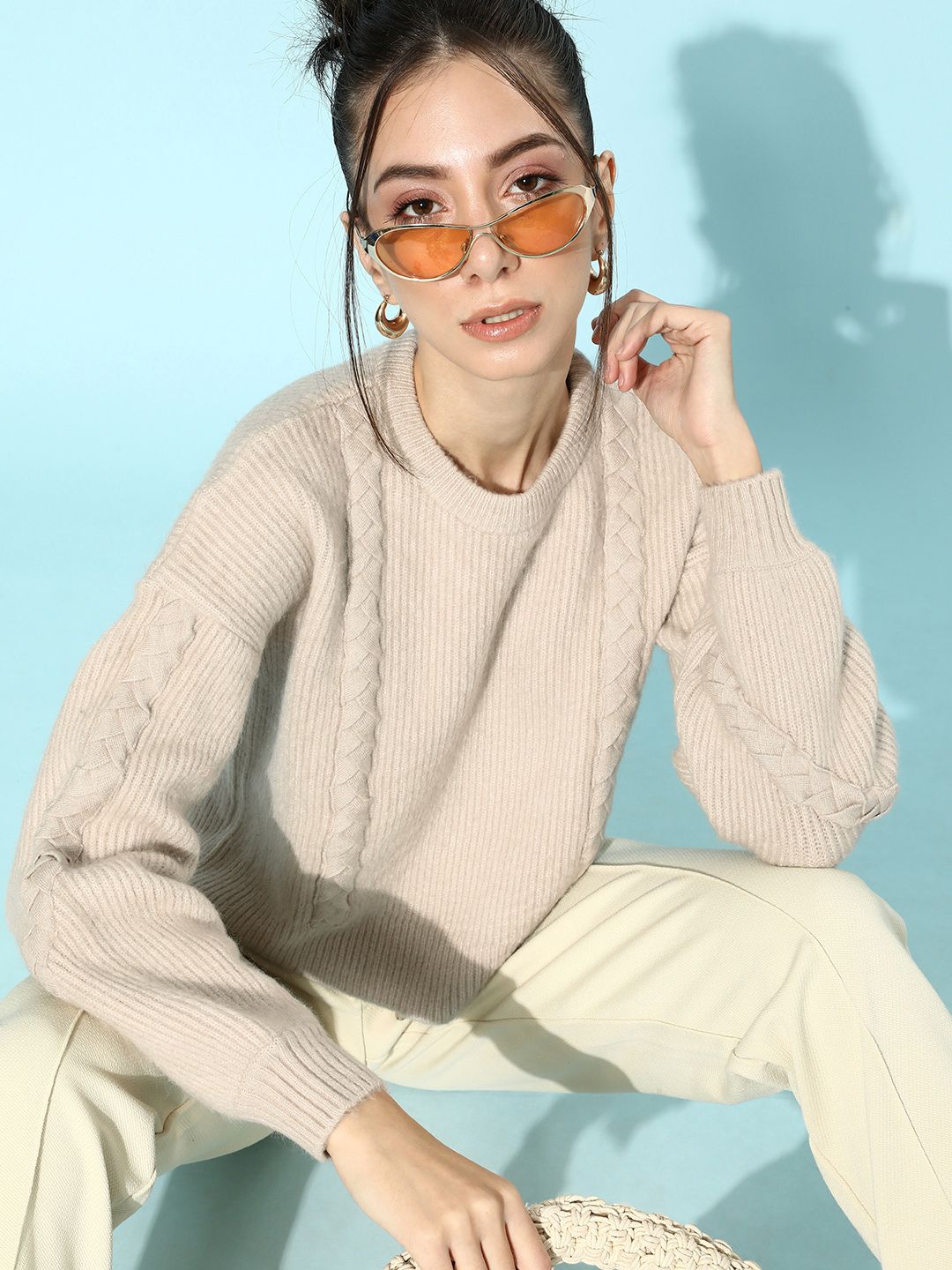 STREET 9 Women Cream-Coloured Acrylic Ribbed Pullover