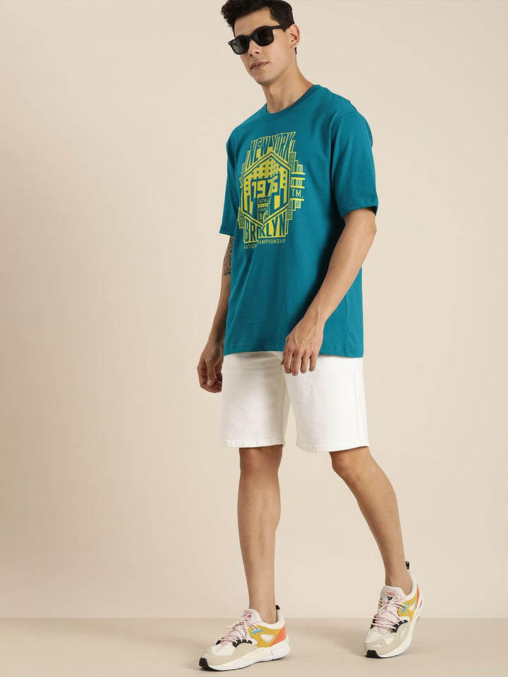 DILLINGER Men Ink Blue & Yellow Printed Drop-Shoulder Sleeves Pure Cotton Oversized T-shirt