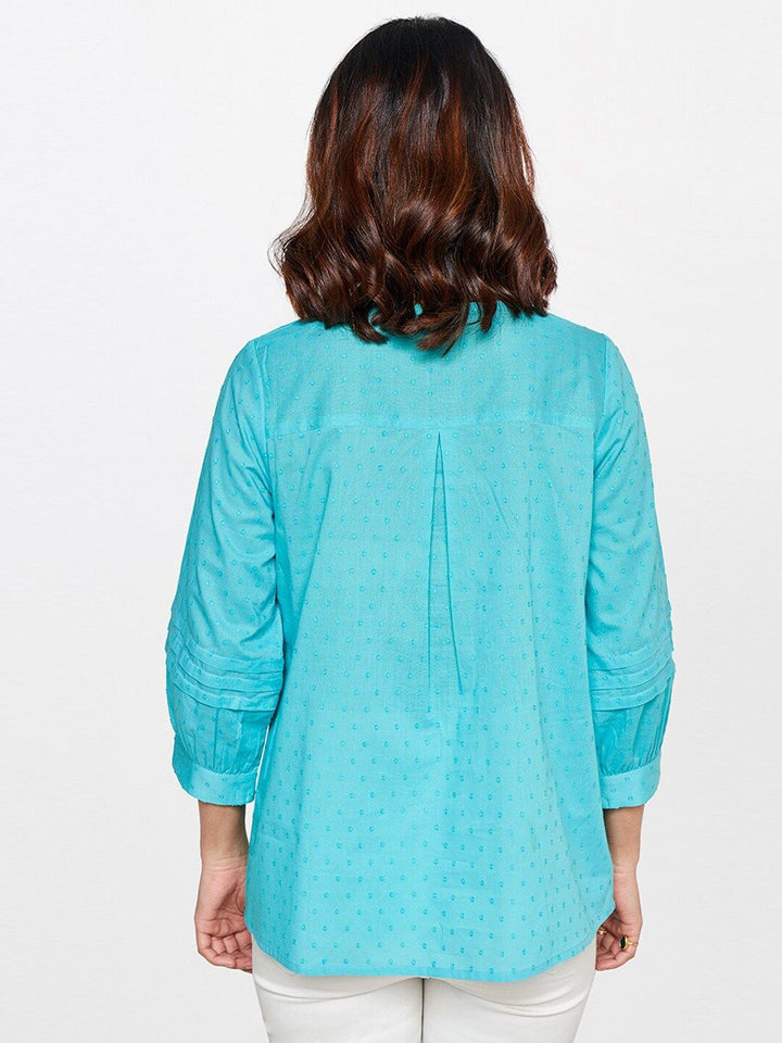 Global Desi Puff Sleeves Floral Embroidered Key-Hole Neck Pure Cotton Top