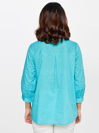 Global Desi Puff Sleeves Floral Embroidered Key-Hole Neck Pure Cotton Top