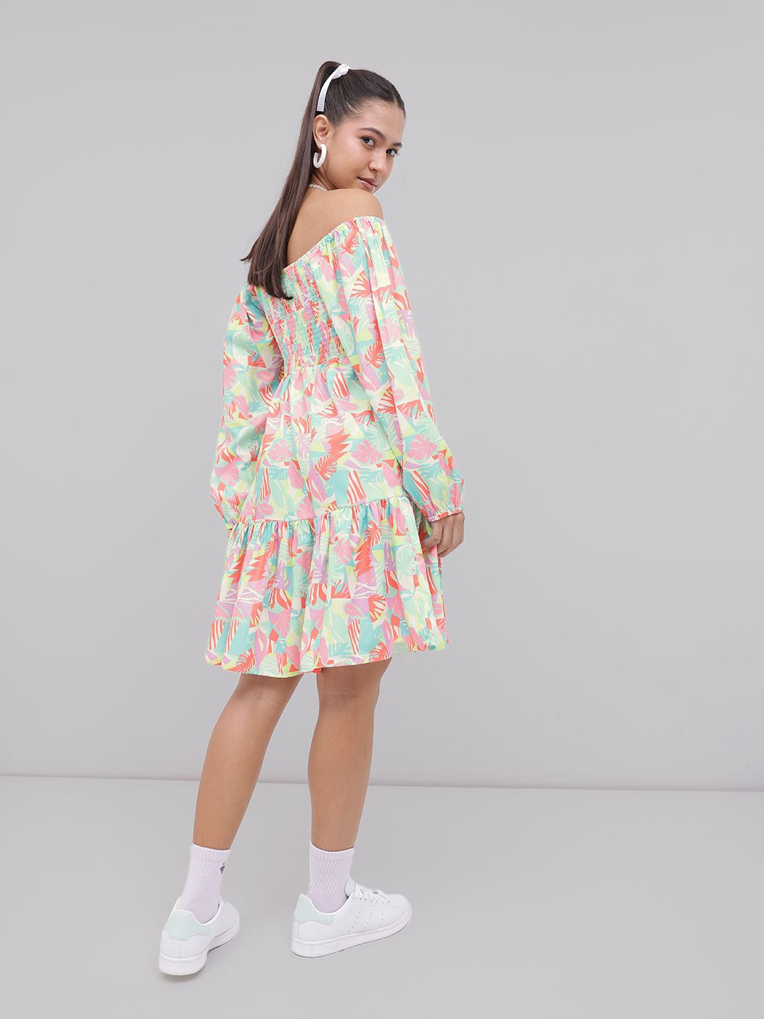 DressBerry Tropical Glam Printed Smocked Off-Shoulder A-line Dress