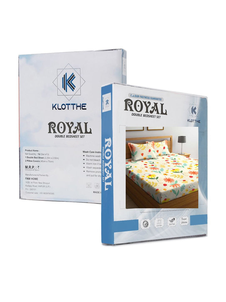 KLOTTHE Beige Floral Polycotton 300 TC King Fine Bedsheet with 2 Pillow Covers-98 x 87 inches