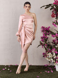 Berrylush Solid One Shoulder Puff Sleeves Cut-Outs Satin Sheath Dress
