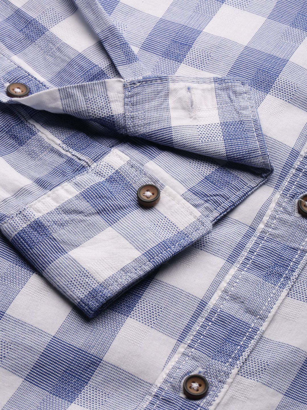 The Indian Garage Co Men White & Blue Slim Fit Checked Casual Shirt