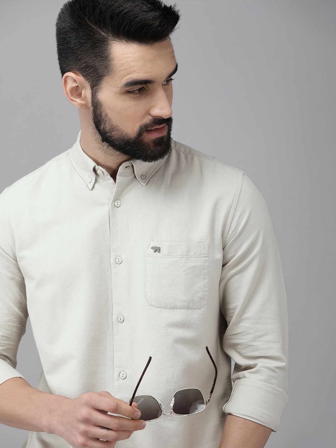 THE BEAR HOUSE Men Beige Solid Slim Fit Cotton Shirt