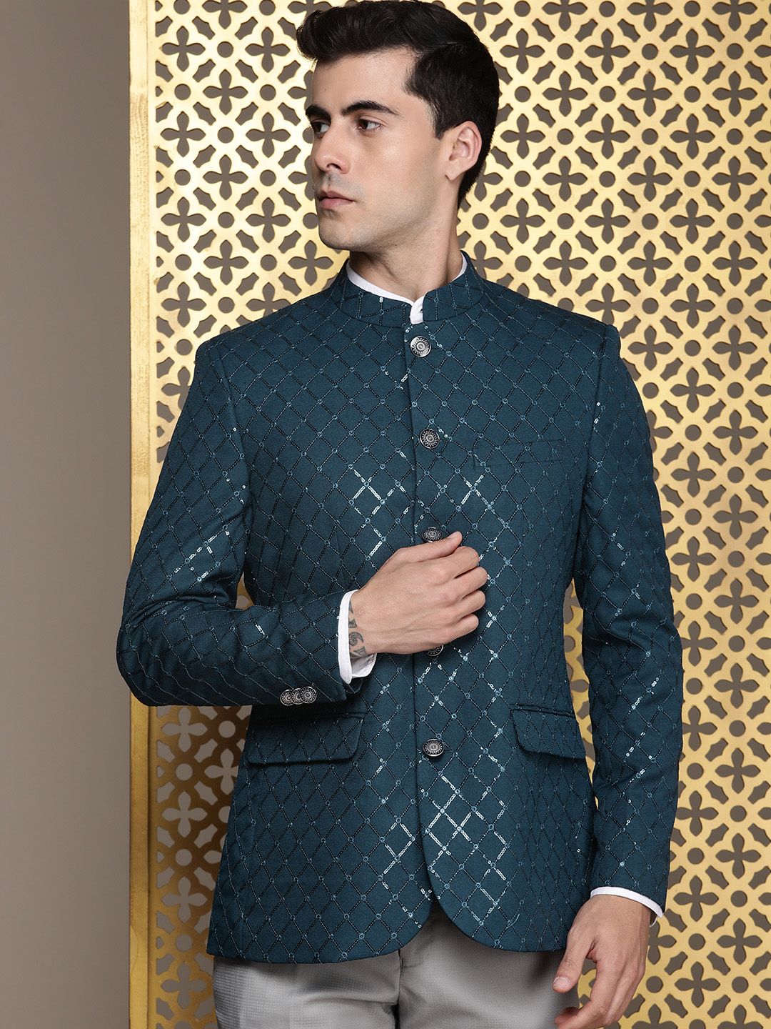 House of Pataudi Jashn Mandarin Collar Textured Sequinned Bandhgala Blazer
