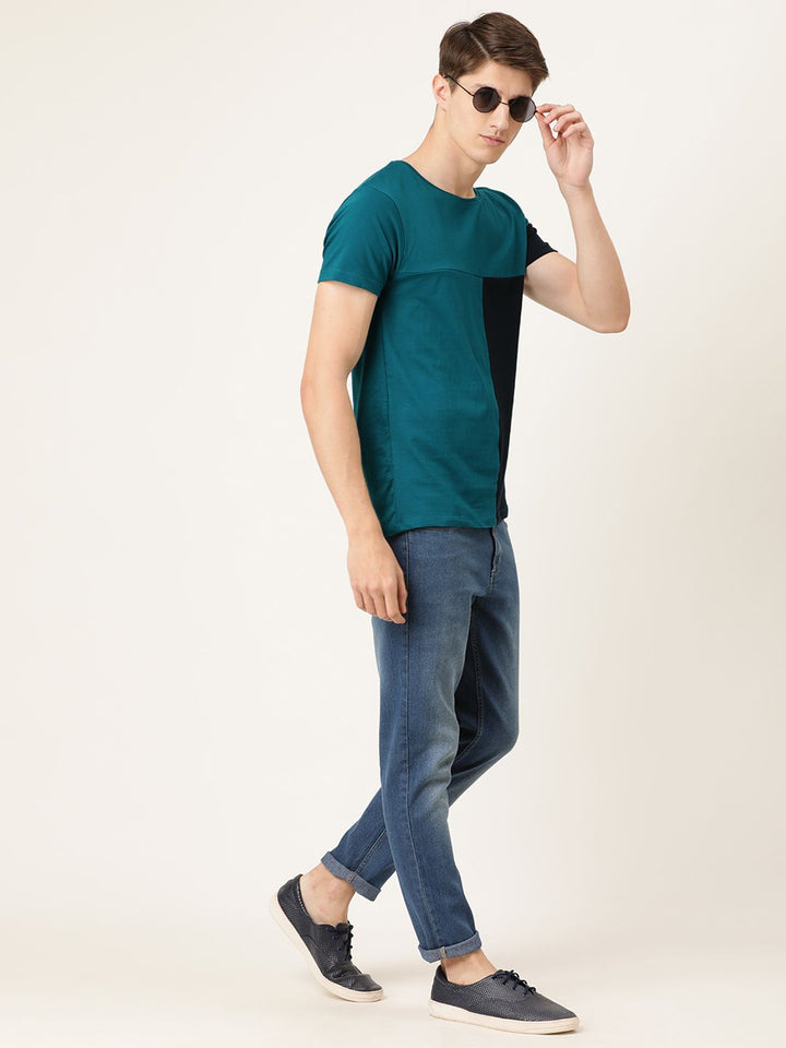 The Indian Garage Co Men Teal Blue  Navy Blue Colourblocked Round Neck T-shirt