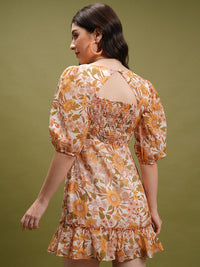 Tokyo Talkies Yellow Floral Printed Gathered or Pleated A-Line Mini Dress