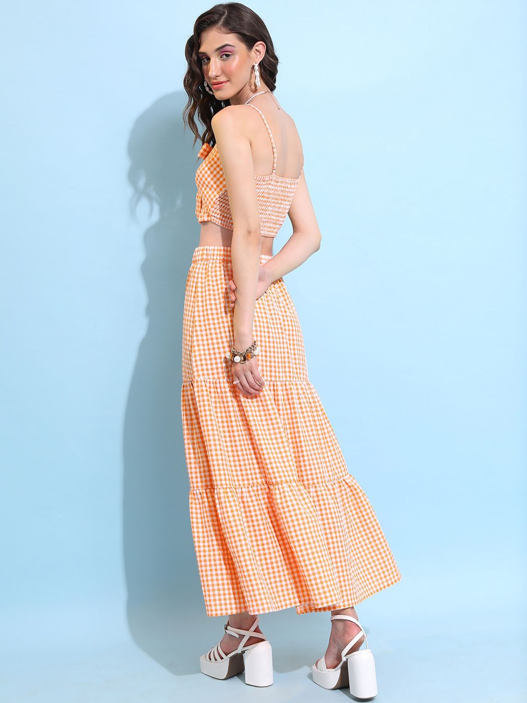Tokyo Talkies Checked Cut Out Crop Fitted Top With Maxi Skirt