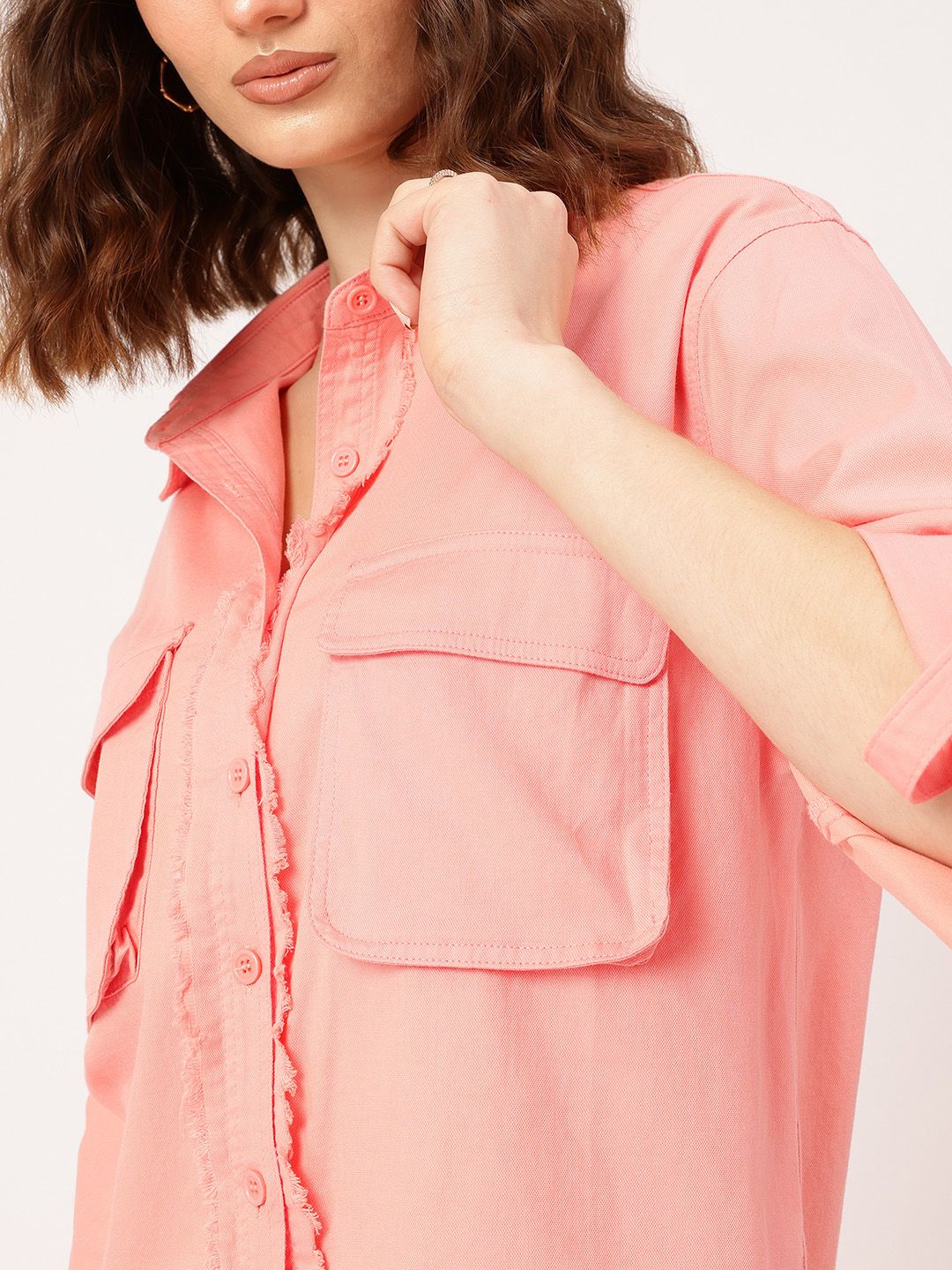 DressBerry Everyday Utility Roll-Up Sleeves Fringed Placket Pockets Shirt