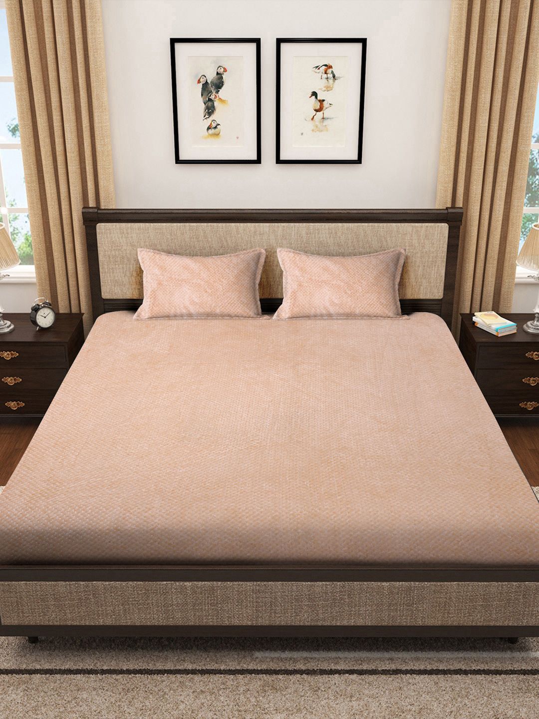KLOTTHE Beige 300TC Woolen Fitted Double King Bedsheet & Pillow Covers