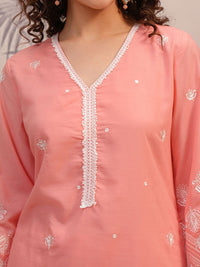 Vishudh Peach Coloured Floral Embroidered V-Neck Straight Kurta