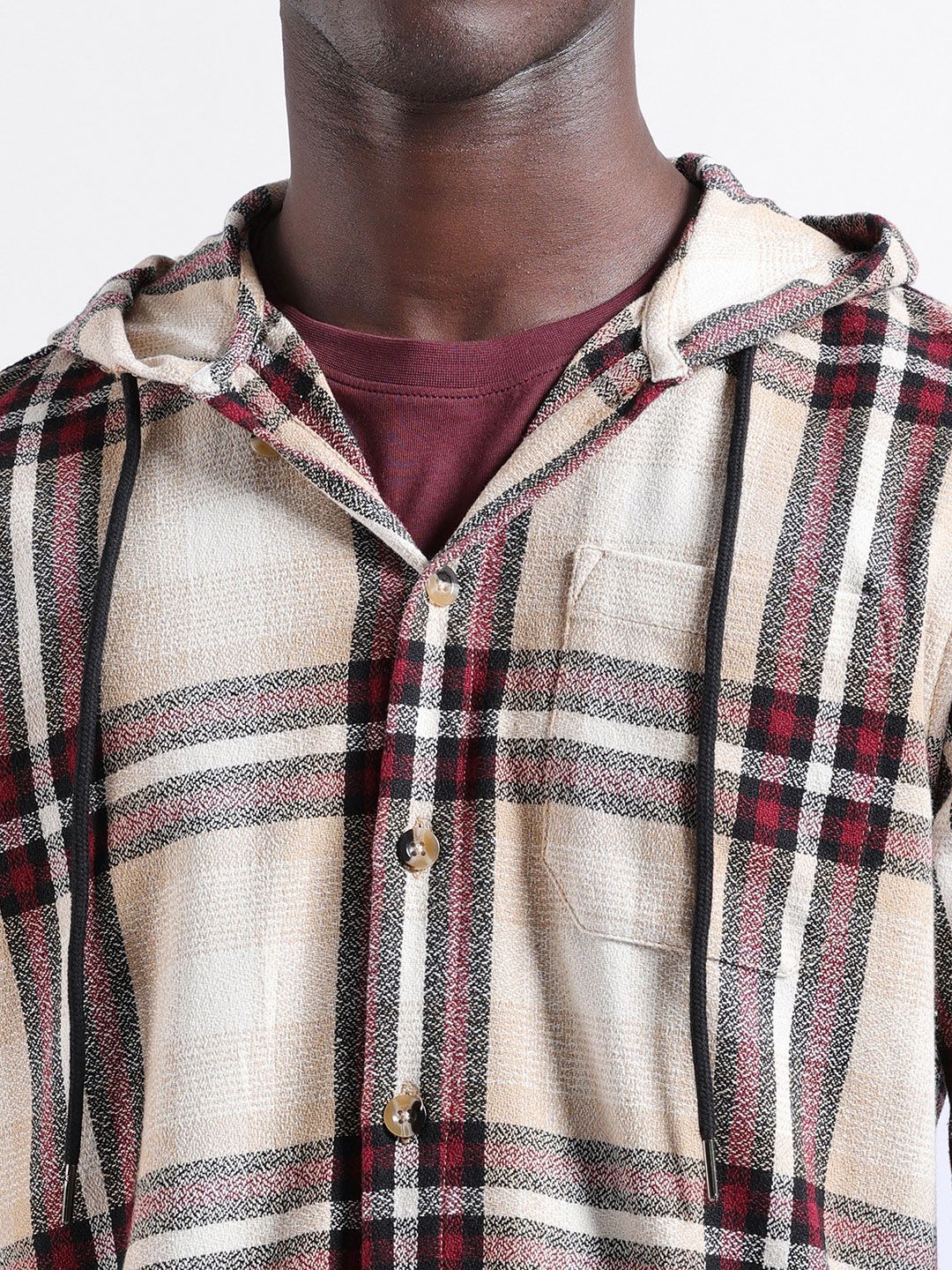The Indian Garage Co Men Regular Fit Checked Casual Hooded Overshirt
