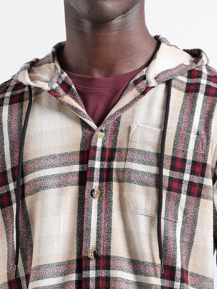 The Indian Garage Co Men Regular Fit Checked Casual Hooded Overshirt