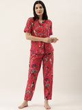 Sanskrutihomes Wanita Red & Grey Printed Pure Cotton Night Suit