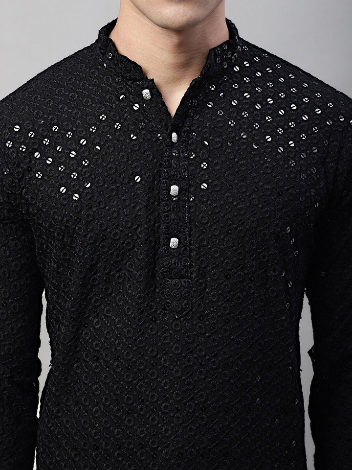 Jompers Floral Embroidered Mandarin Collar Sequinned Pure Cotton Kurta