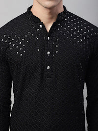 Jompers Floral Embroidered Mandarin Collar Sequinned Pure Cotton Kurta