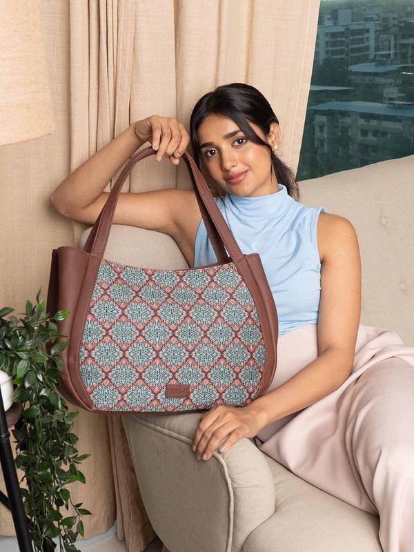 ZOUK Ethnic Motifs Printed Structured Jute Shoulder Bag Up to 16 inch