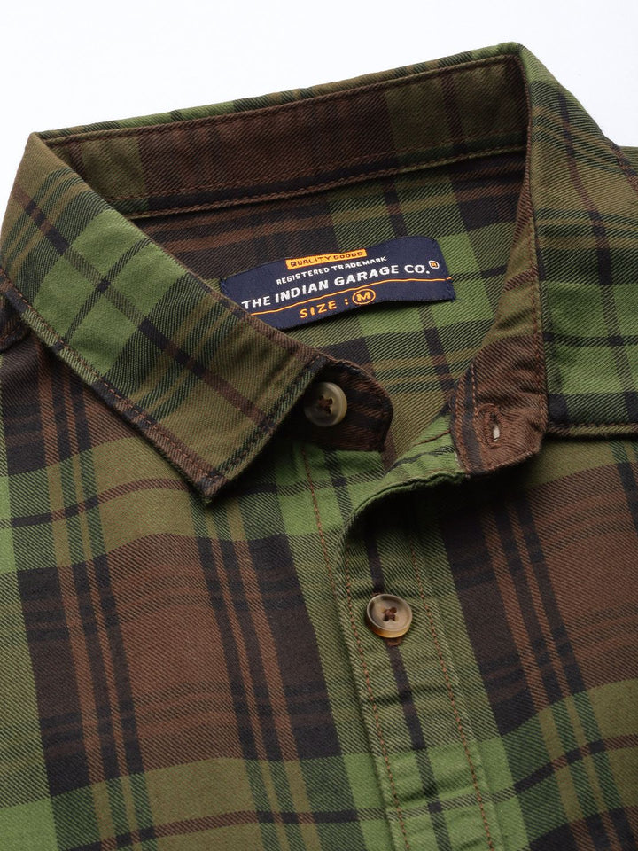 The Indian Garage Co Men Brown & Green Checked Pure Cotton Casual Shirt