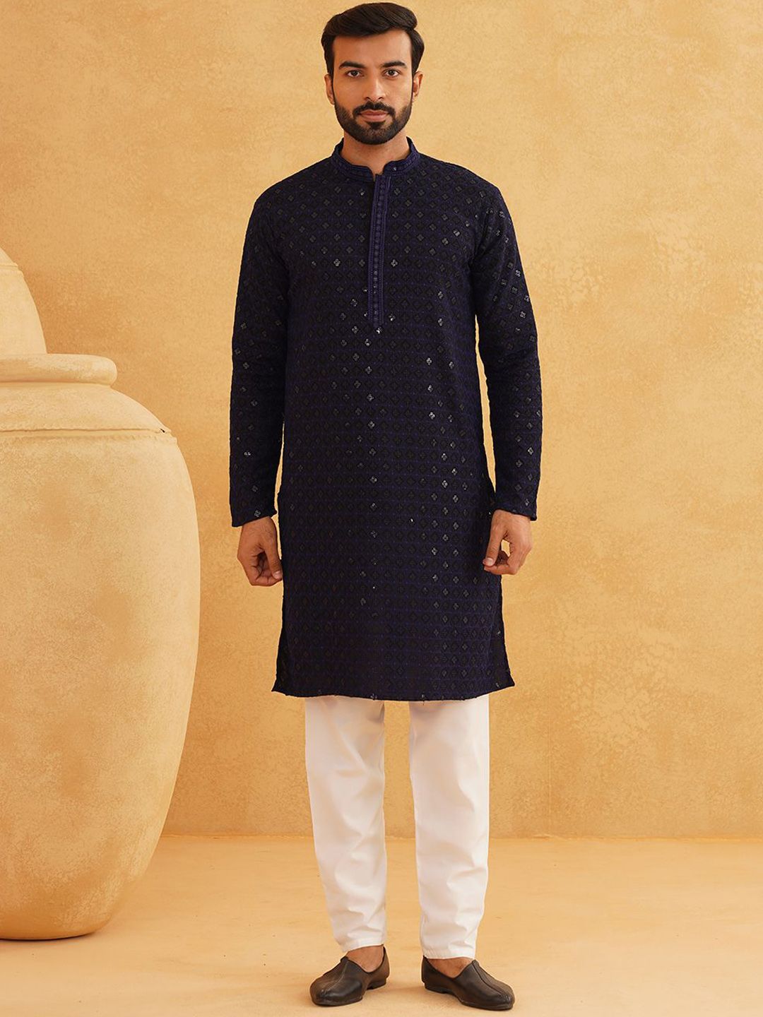 SOJANYA Geometric Embroidered Mandarin Collar Sequinned Pure Cotton Kurta with Churidar