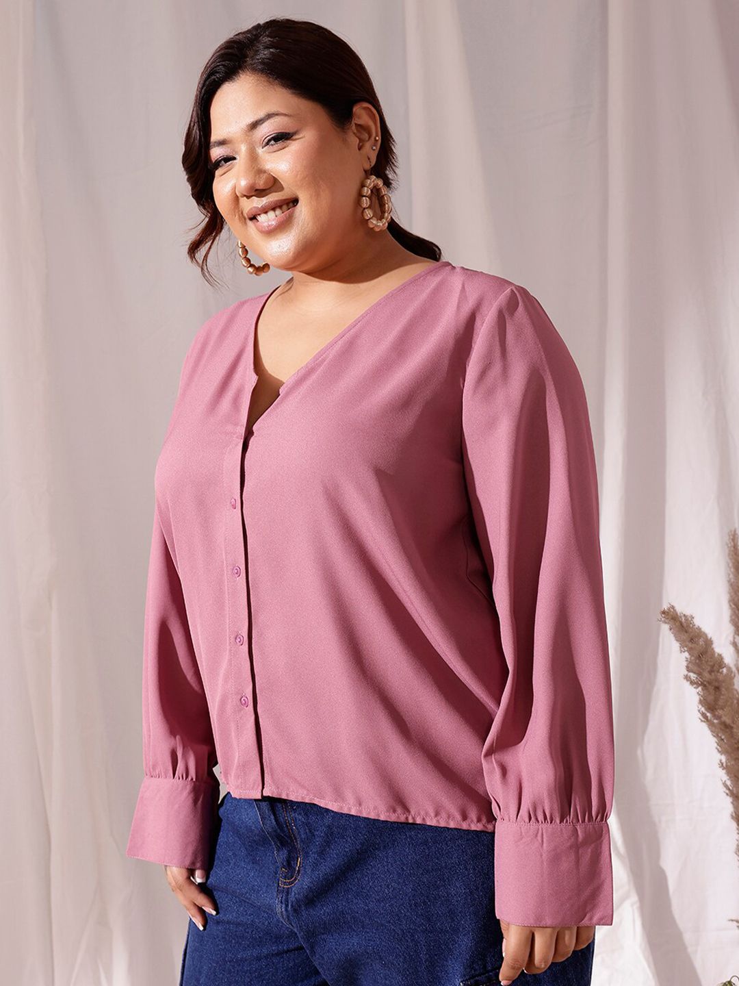 CURVY STREET Self Design Cuffed sleeves Shirt Style Top