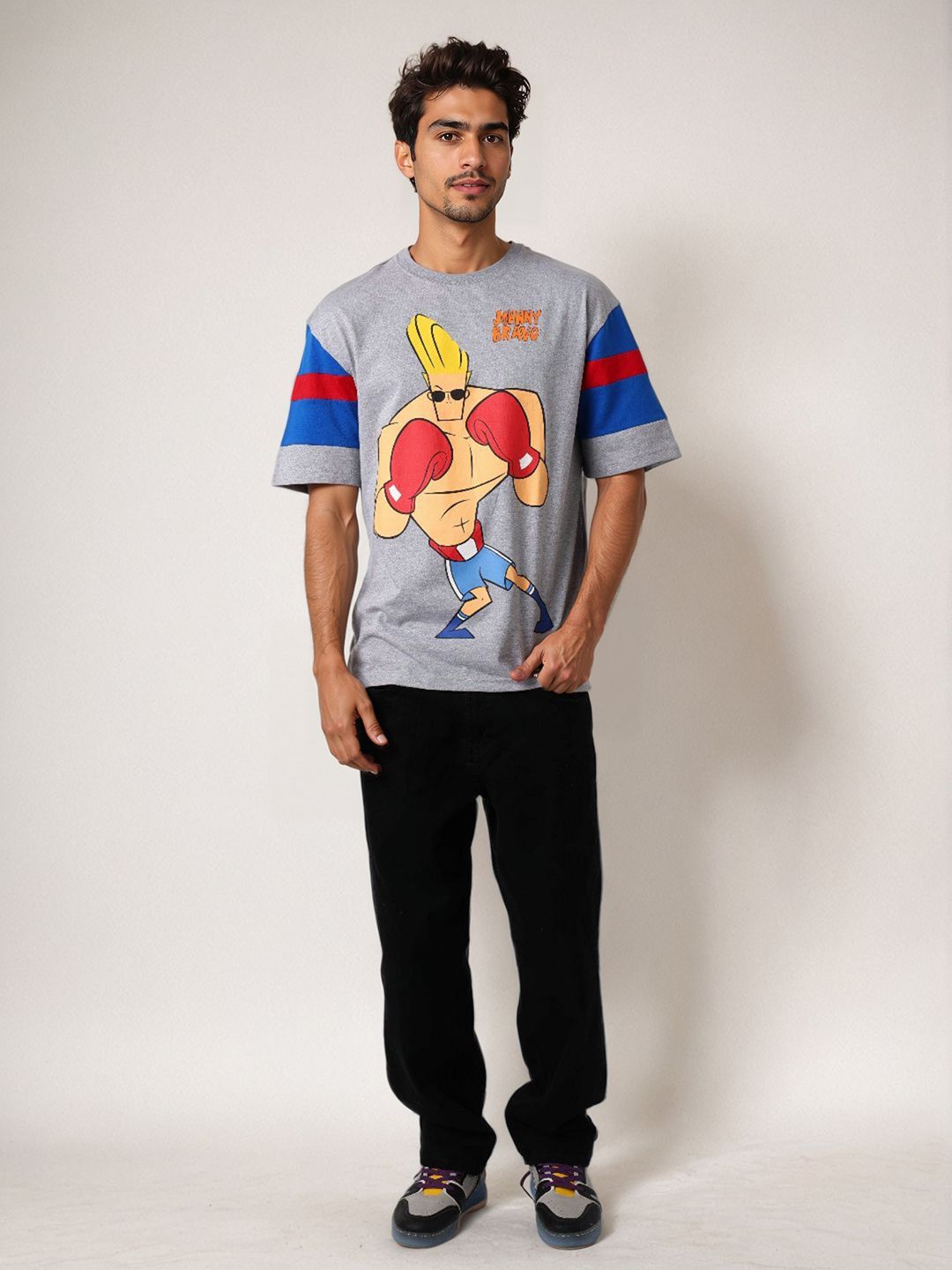 The Indian Garage Co Men Johnny Bravo Graphic Printed Round Neck Cotton Oversized T-shirt