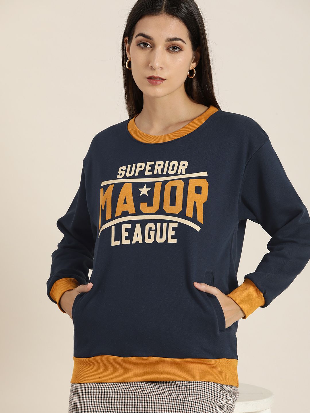 DILLINGER Women Navy Blue Printed Oversized Sweatshirt